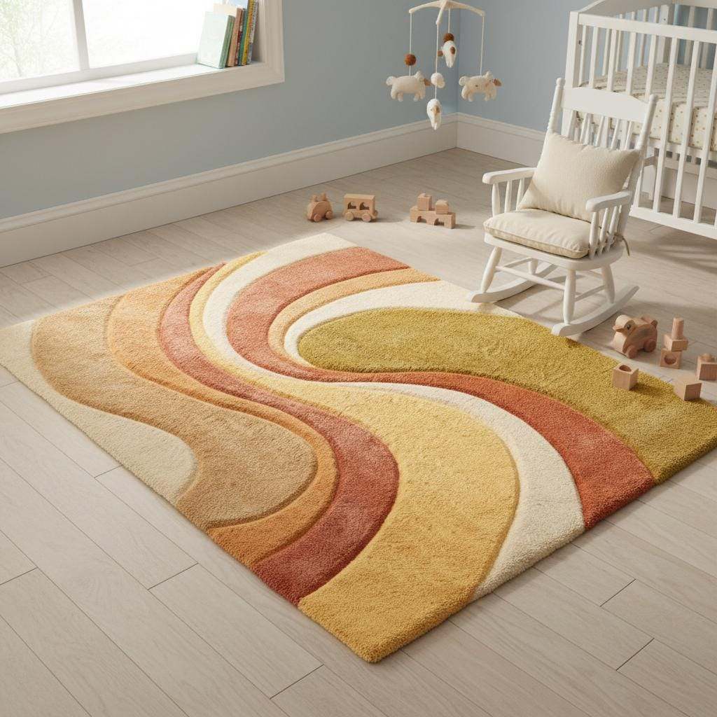 Soft abstract area rug styled in a nursery, showcasing warm earth tones, plush texture, and family-friendly comfort ideal for kids’ rooms and play spaces.