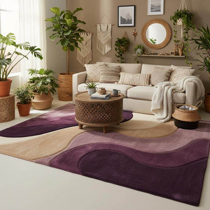 Abstract area rug placed in a modern living room, highlighting cozy plush texture, artistic wave design, and how the neutral plum color palette complements modern décor.