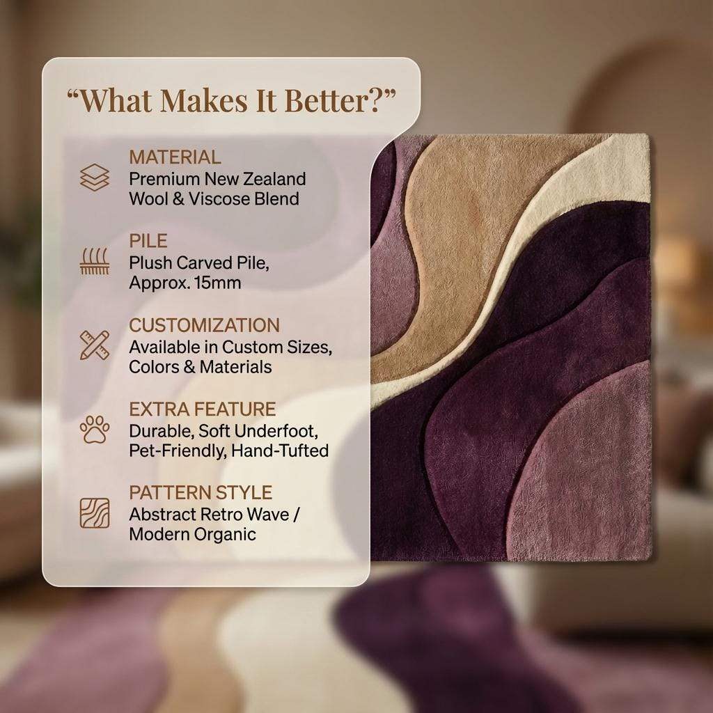Plush modern abstract rug with mauve wavy pattern and neutral tones for stylish living rooms and bedrooms