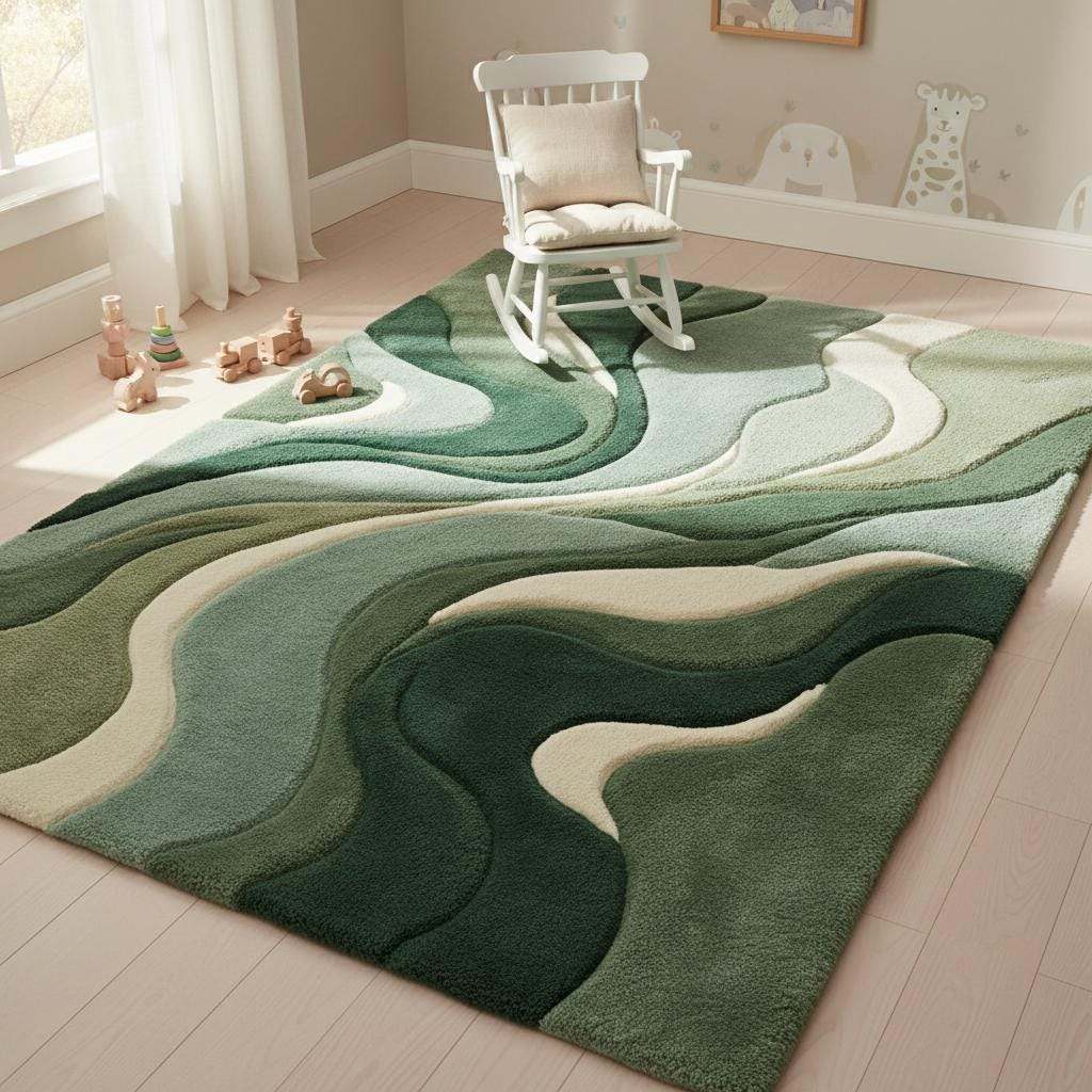 Soft green abstract rug styled in a nursery, creating a calm, cozy environment with plush texture ideal for family-friendly spaces.
