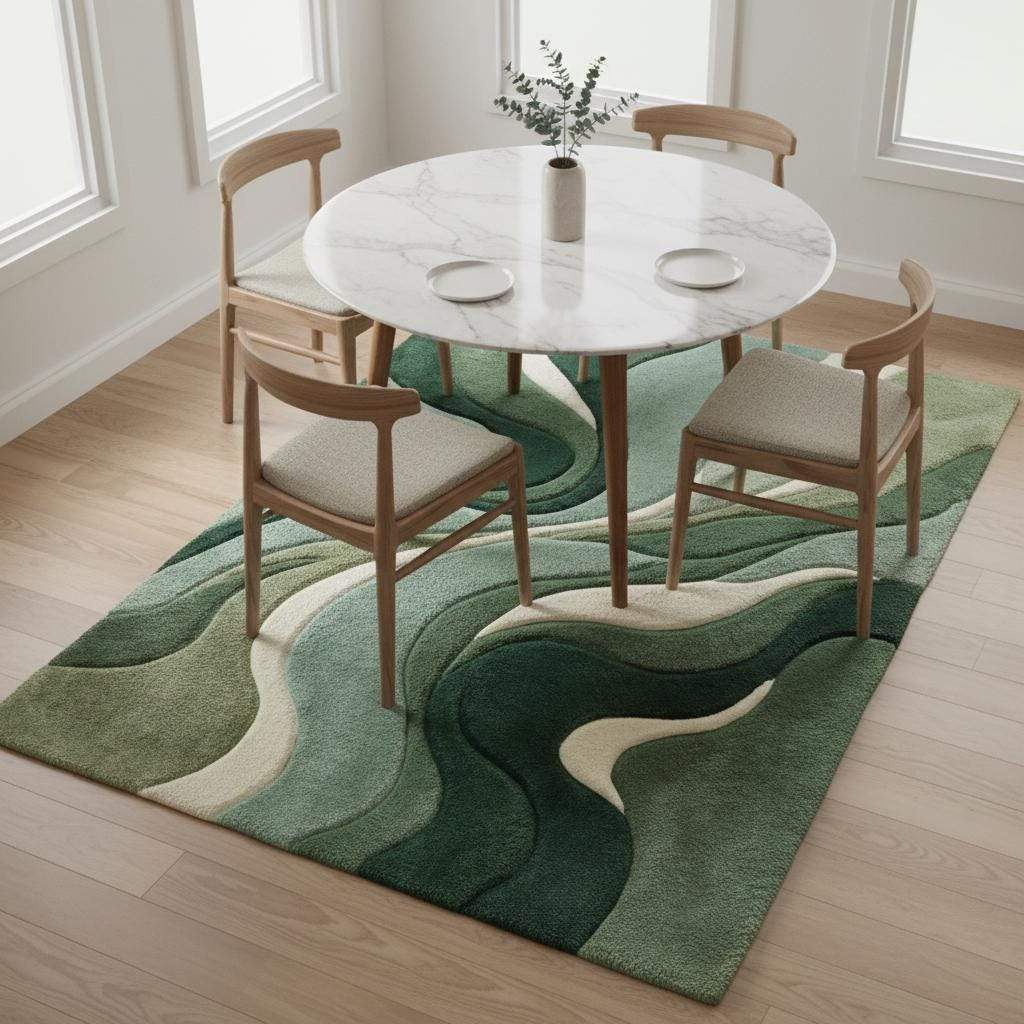 Detailed view of rug edge and curved pattern highlighting clean finish, dense pile, and organic modern design proportions.