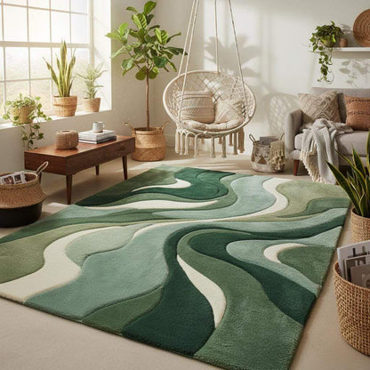 Abstract green area rug styled in a modern living room, complementing wood furniture, indoor plants, and minimalist décor.
