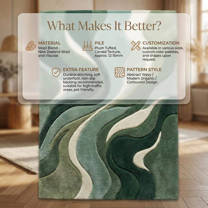 Modern green area rug with sculpted wave design and plush tufted pile in sage and forest tones