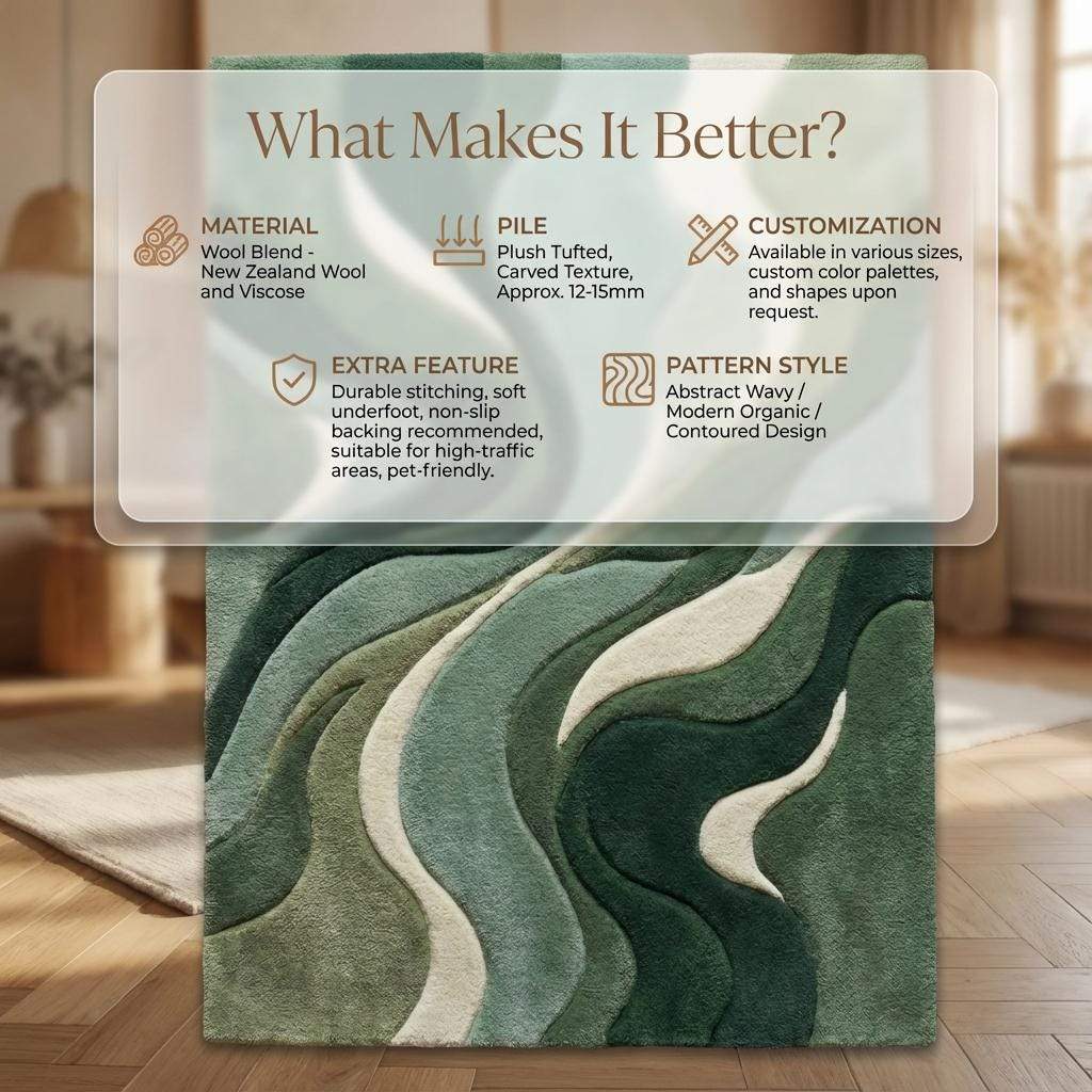 Abstract green area rug with sculpted organic wave pattern and plush textured pile for modern minimalist décor
