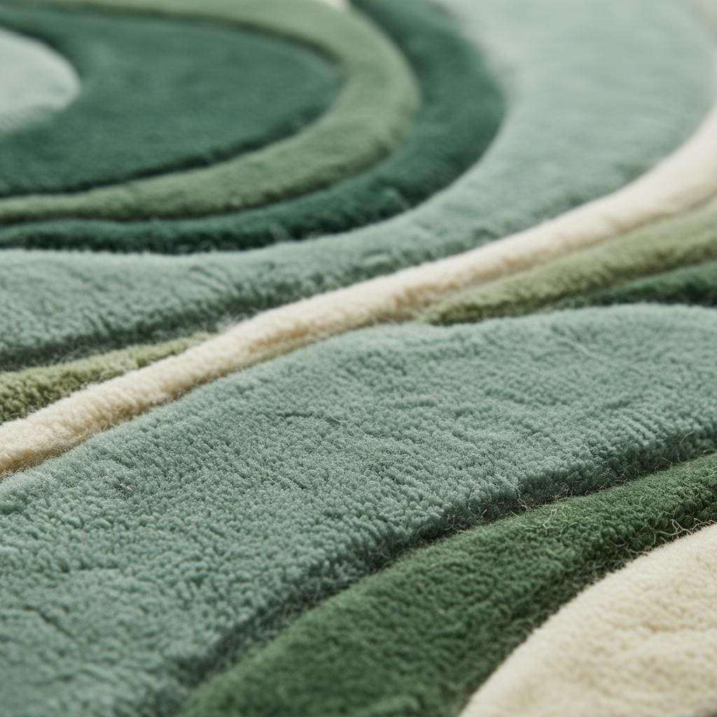 Modern green area rug with abstract sculpted wave design and plush tufted pile for minimalist decor