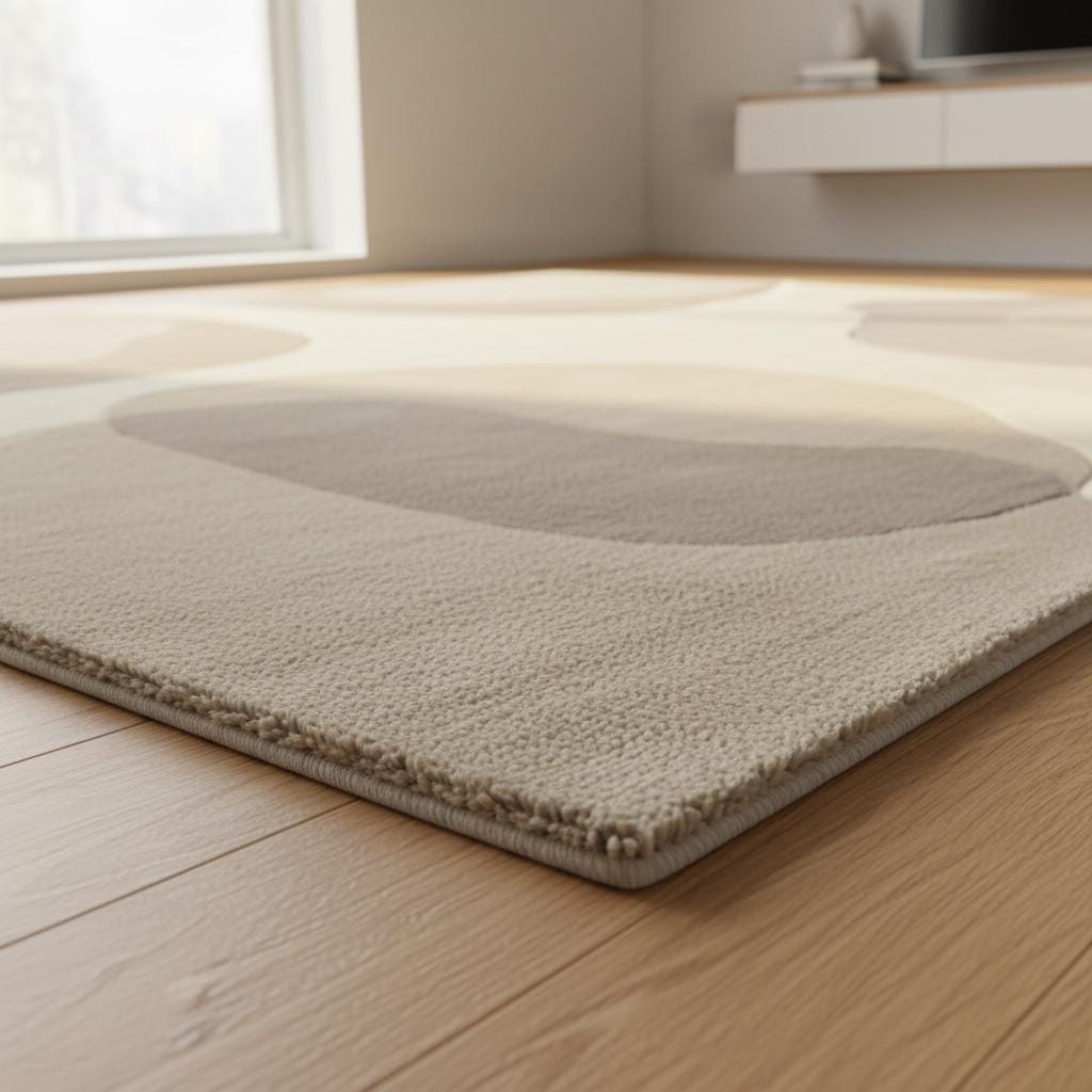 Abstract neutral area rug with organic shape in beige cream tones for modern living room decor