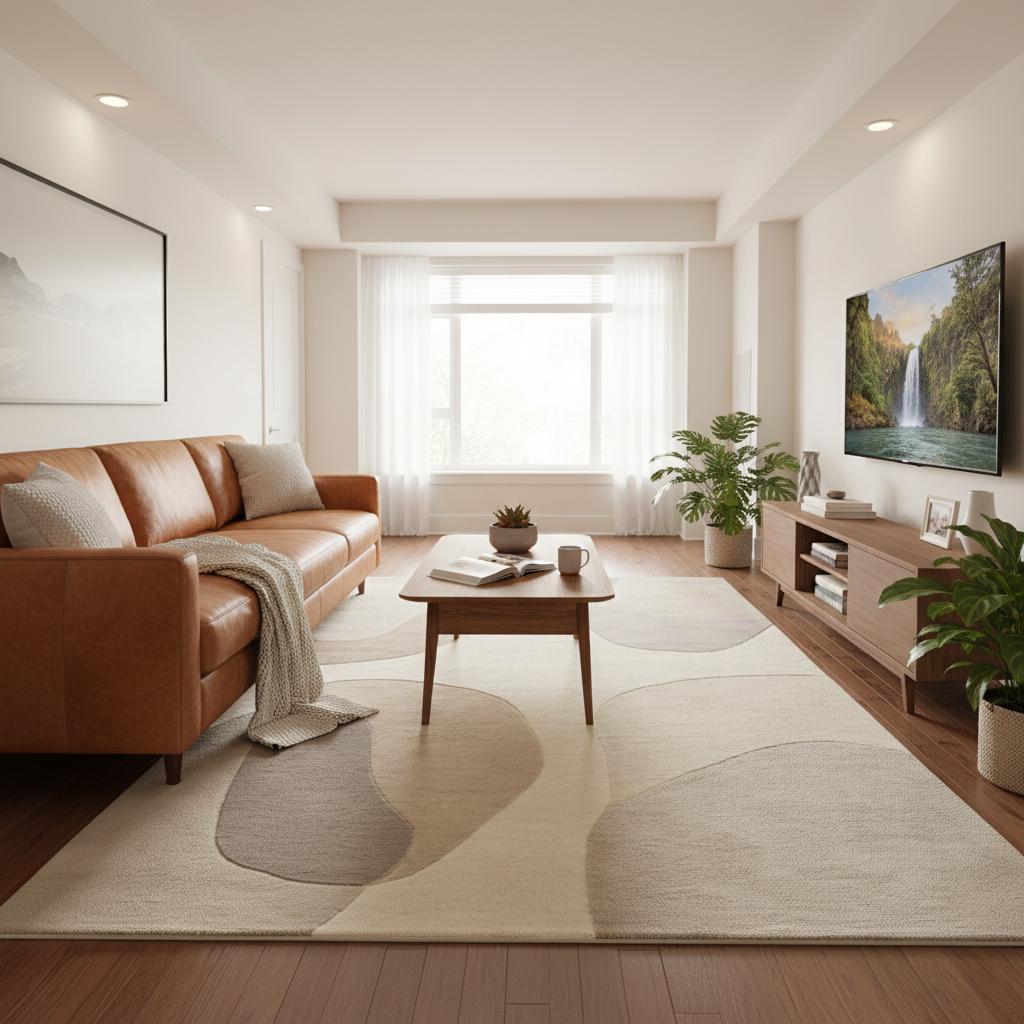 Detail view of rug corner and edge showing clean finishing, subtle borders, and organic abstract pattern, helping visualize rug proportions and refined modern design.