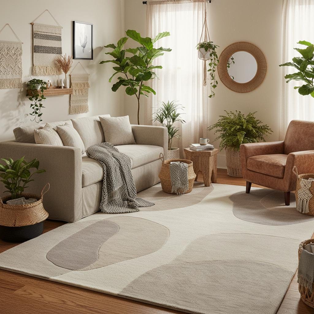 Modern abstract rug placed in a bright living room, styled with neutral furniture to show how the beige and cream area rug complements minimalist and Scandinavian home décor.
