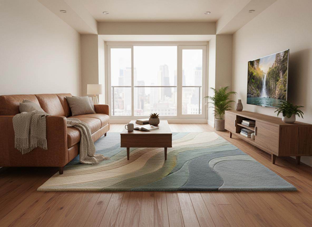 Modern living room styled with abstract area rug featuring calming wave design, minimalist furniture, and soft neutral color harmony