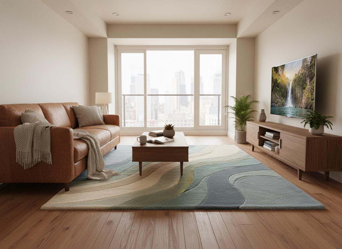 Modern living room styled with abstract area rug featuring calming wave design, minimalist furniture, and soft neutral color harmony