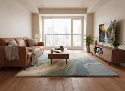 Modern living room styled with abstract area rug featuring calming wave design, minimalist furniture, and soft neutral color harmony