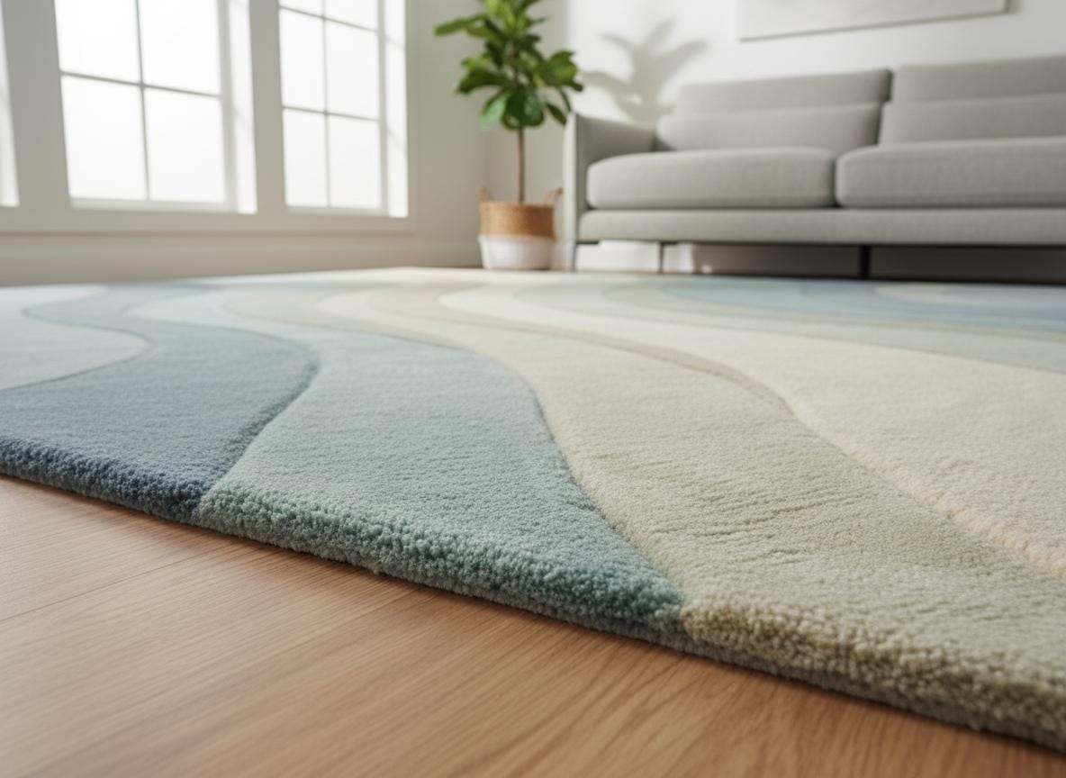 Modern abstract rug with blue-green wave pattern and soft plush texture for living room decor