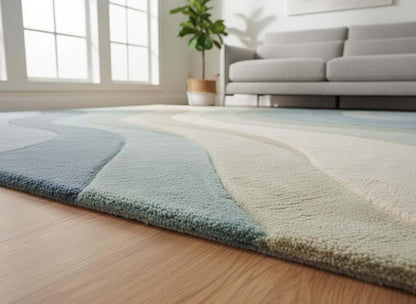 Modern abstract rug with blue-green wave pattern and soft plush texture for living room decor