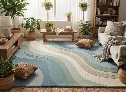 Detailed corner view of abstract area rug showing clean edges, sculpted wave pattern, and high-quality finishing