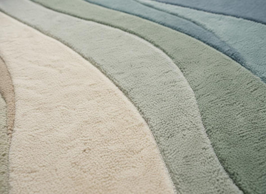 Close-up detail of plush abstract rug fibers showing soft texture, dense pile, and smooth craftsmanship in muted blue green and ivory tones