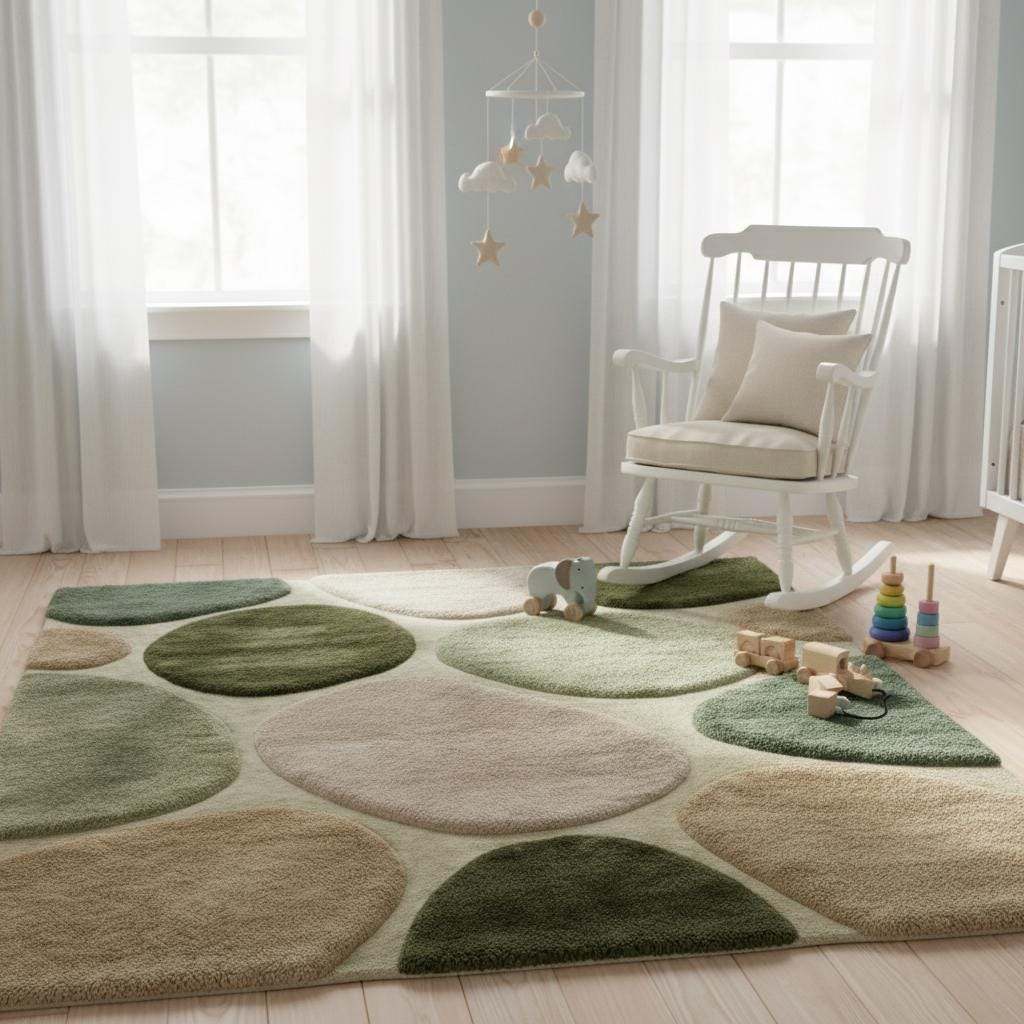 Soft plush area rug in a nursery setting with calming green and neutral colors, providing a cozy, gentle surface ideal for kids’ rooms and family spaces.