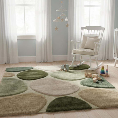 Soft plush area rug in a nursery setting with calming green and neutral colors, providing a cozy, gentle surface ideal for kids’ rooms and family spaces.