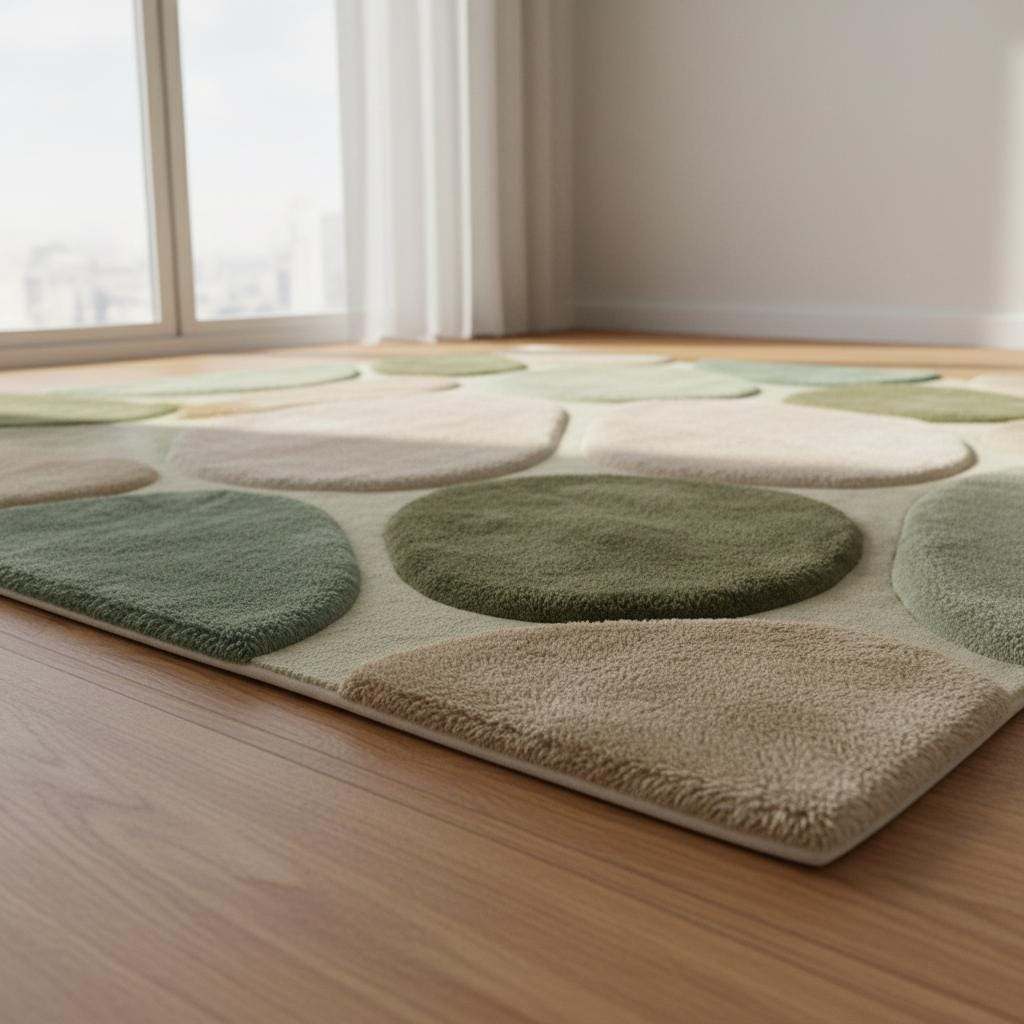 Detail view of rug edge and sculpted pattern showing clean finishing, dimensional texture, and soft green and cream tones for modern home décor.