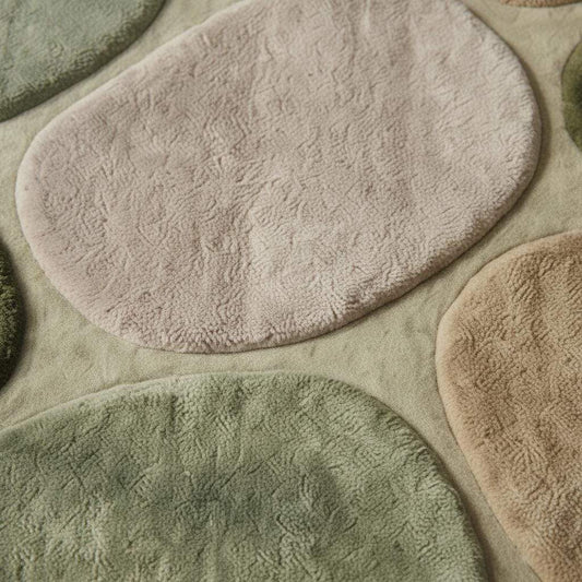 Close-up view of plush area rug texture showing thick, soft pile and sculpted pebble shapes in green and beige tones, highlighting quality craftsmanship and cozy feel.
