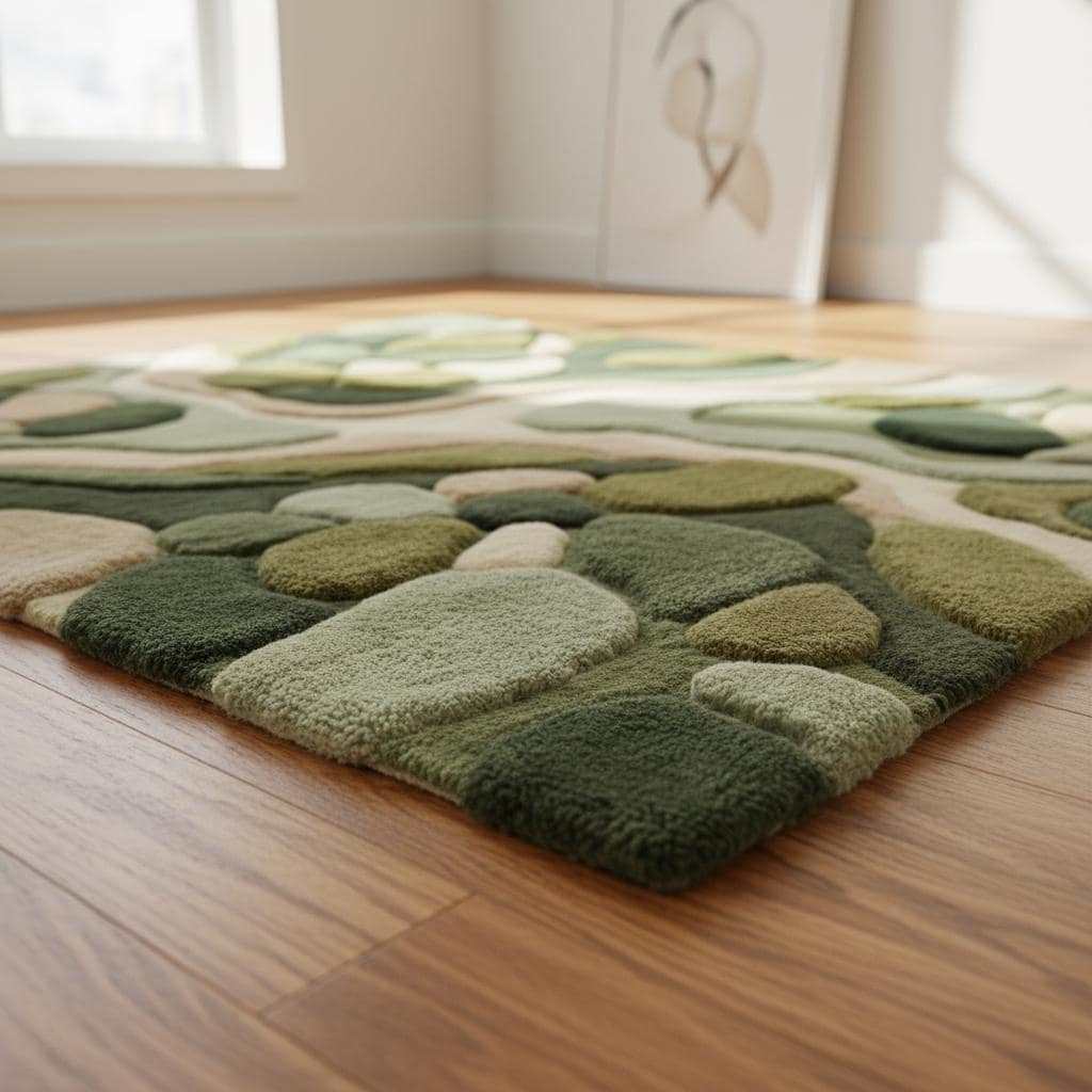 Hand tufted organic modern area rug with green abstract nature design and high low texture