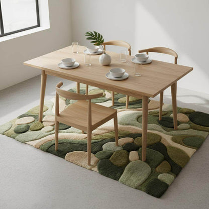 Organic moss green hand tufted rug with textured sculpted pile and abstract nature design