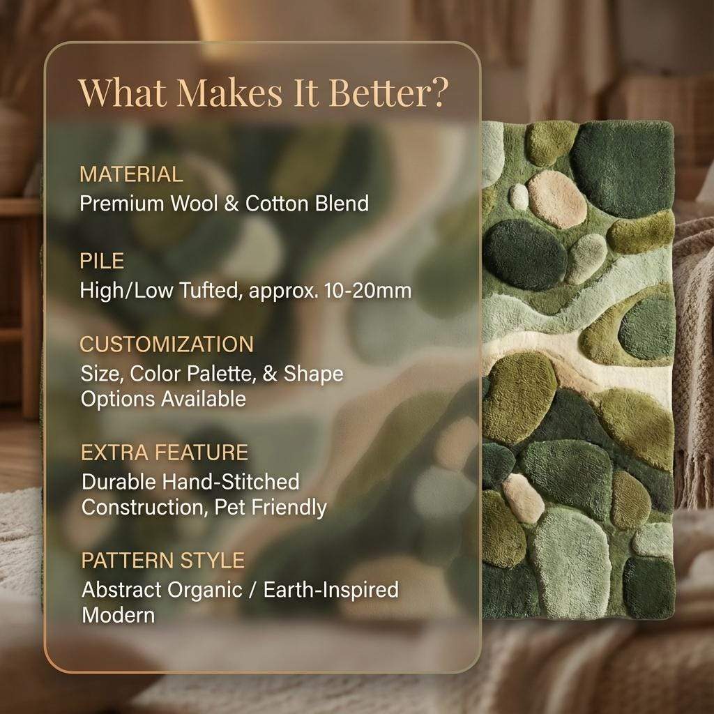 Hand tufted organic modern area rug with green abstract nature design and high low texture