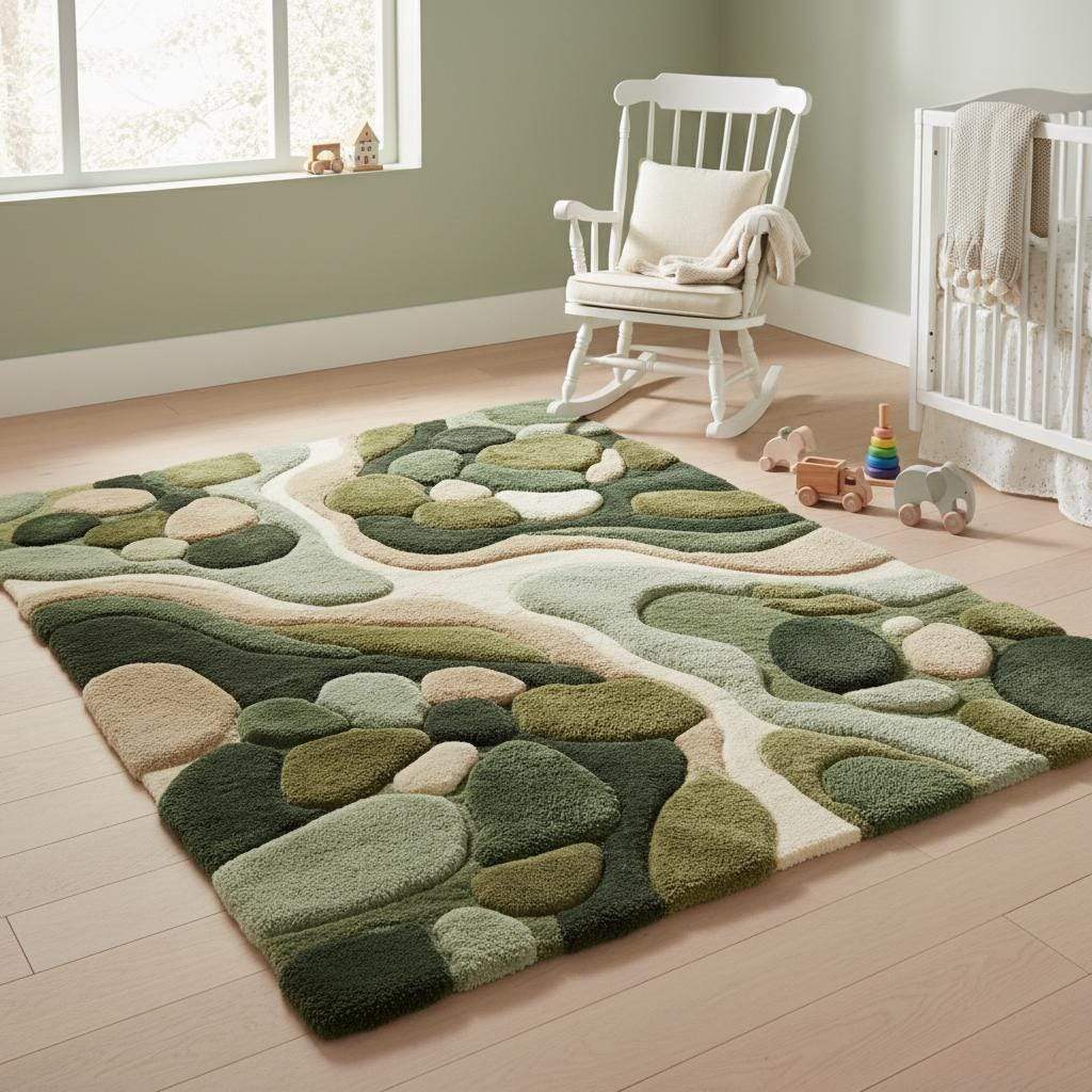 Soft green abstract area rug styled in a nursery, highlighting plush comfort, calming earth tones, and family-friendly texture ideal for cozy, modern children’s spaces.