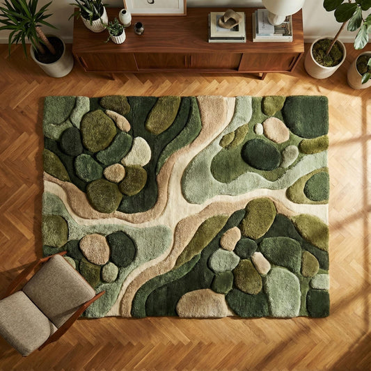 Hand tufted organic moss green rug with textured sculpted pile and modern abstract nature design