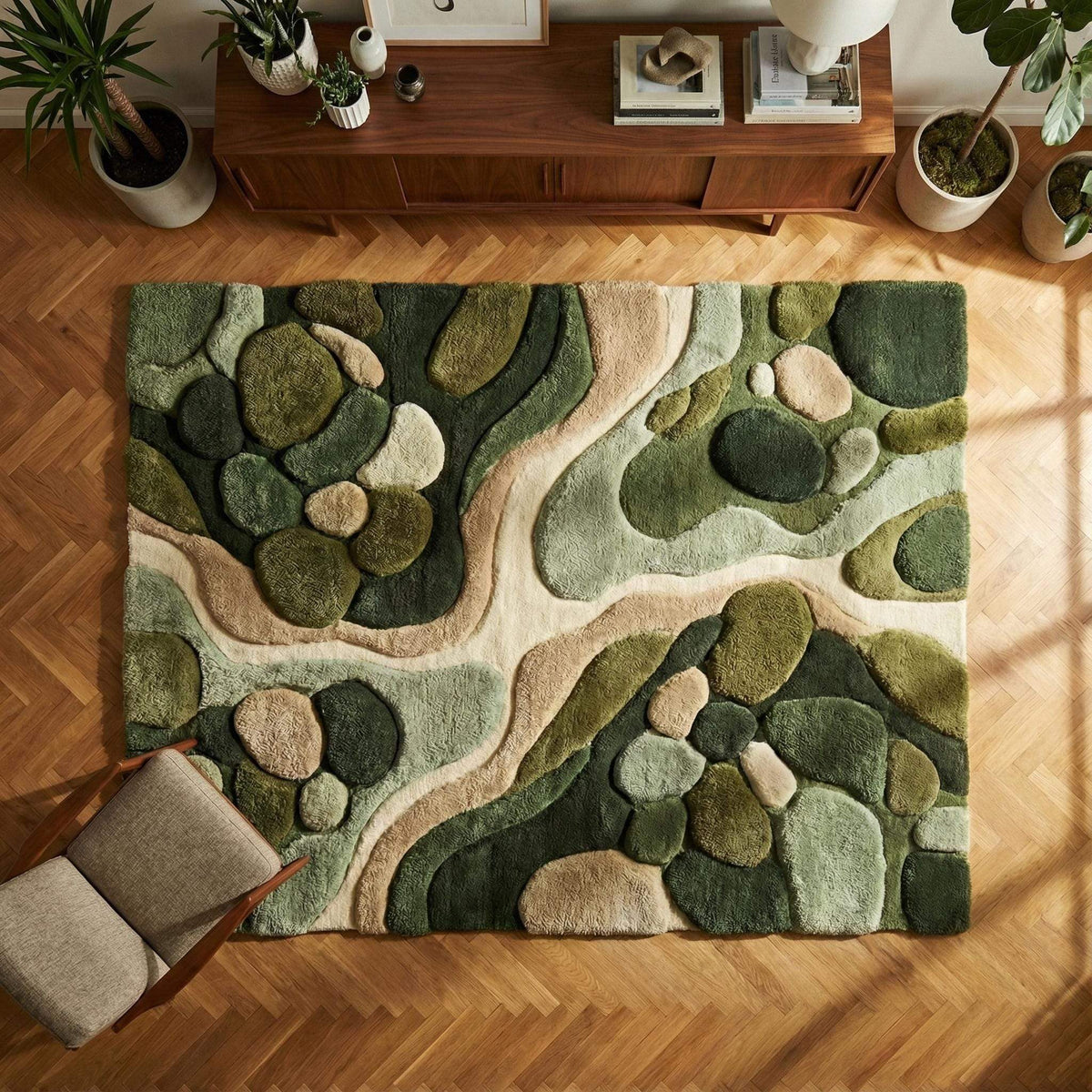 Hand tufted organic modern area rug with green abstract nature design and plush textured pile