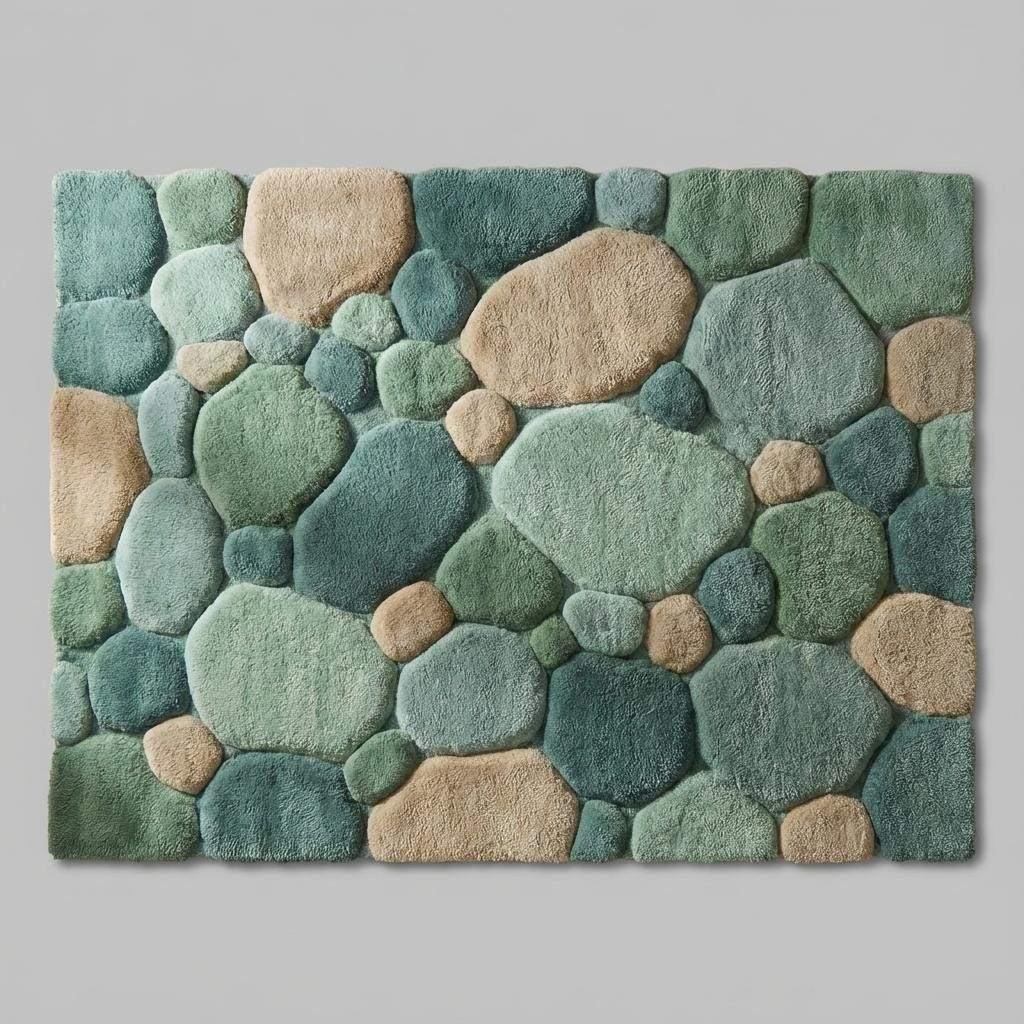 Top-down view of pebble pattern area rug displaying full organic stone design, rounded shapes, color variation, and sculpted texture across the entire rug surface.