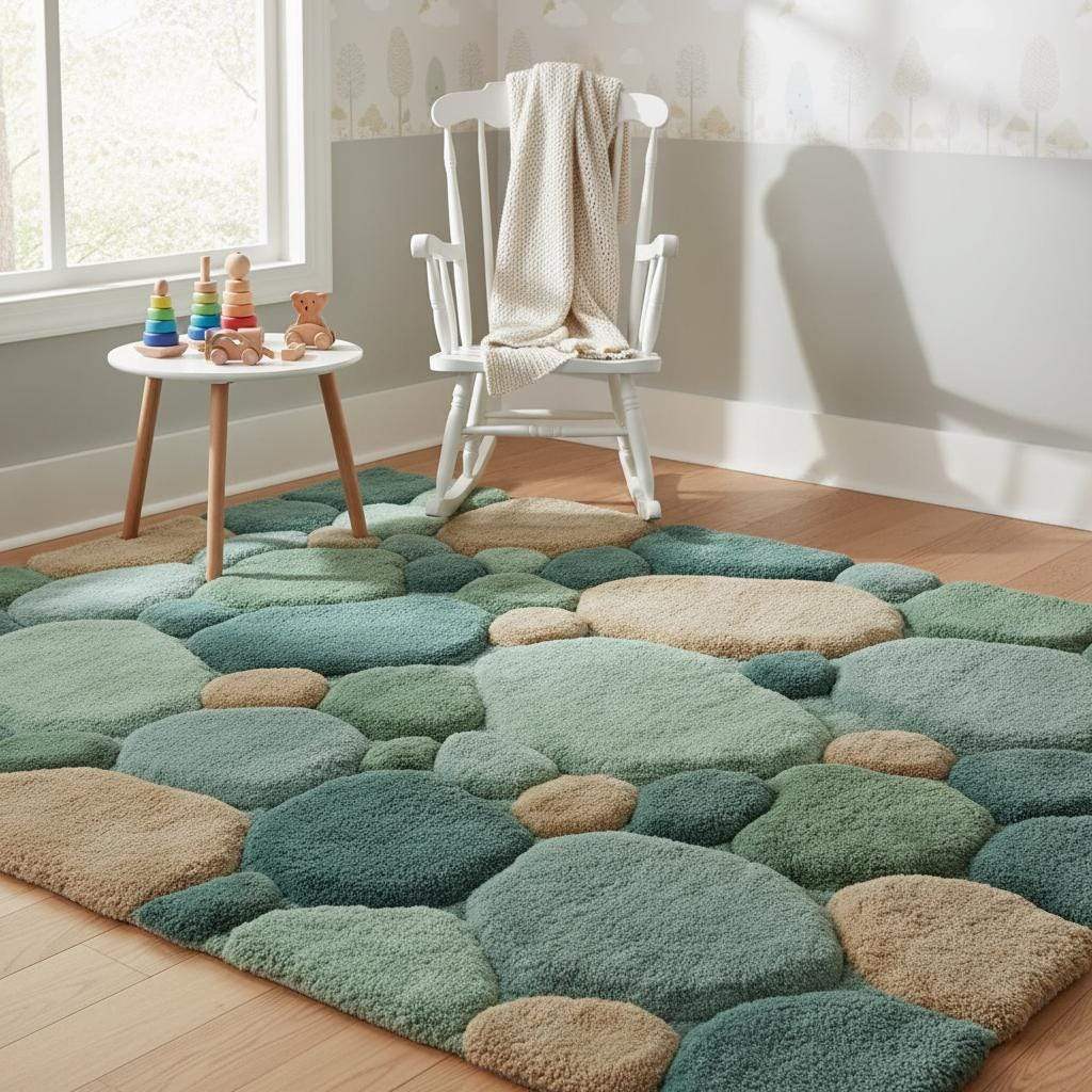 Soft plush pebble area rug styled in a nursery, highlighting gentle texture, calming green tones, and family-friendly comfort ideal for children’s spaces.