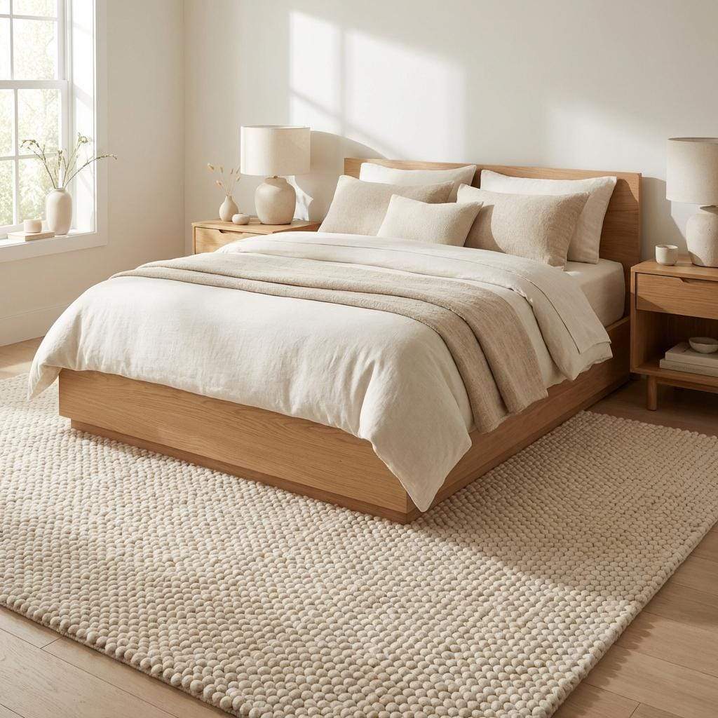 Handwoven chunky wool pebble rug in cream with textured soft felted wool balls for Scandinavian minimalist home decor