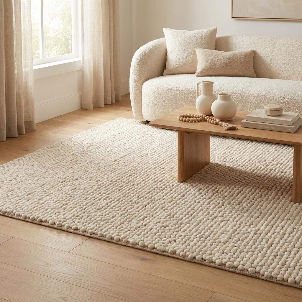 Handwoven chunky wool pebble rug in cream with textured pebble design for minimalist Scandinavian decor