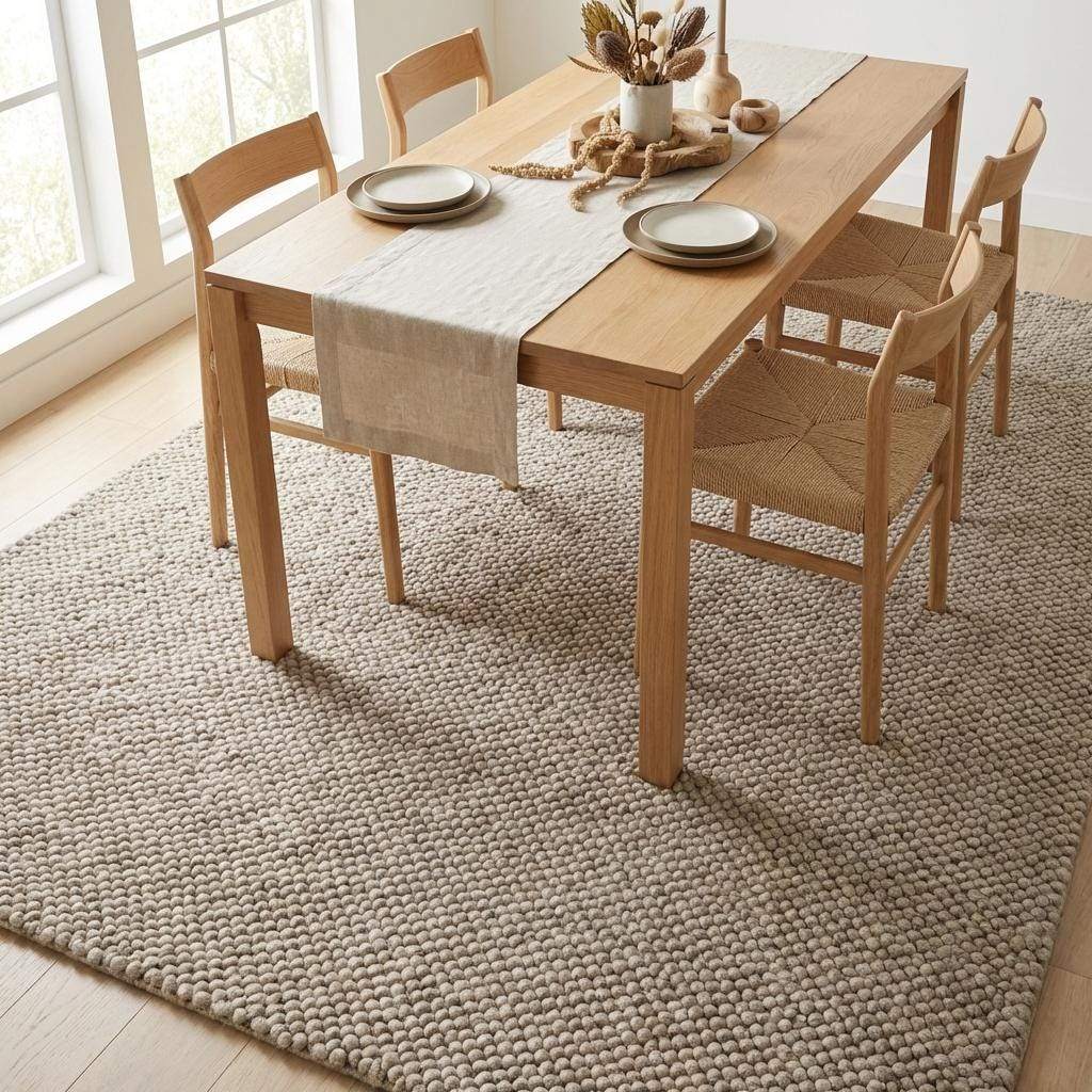 Chunky wool rug with thick beige loops in minimalist Scandinavian living room