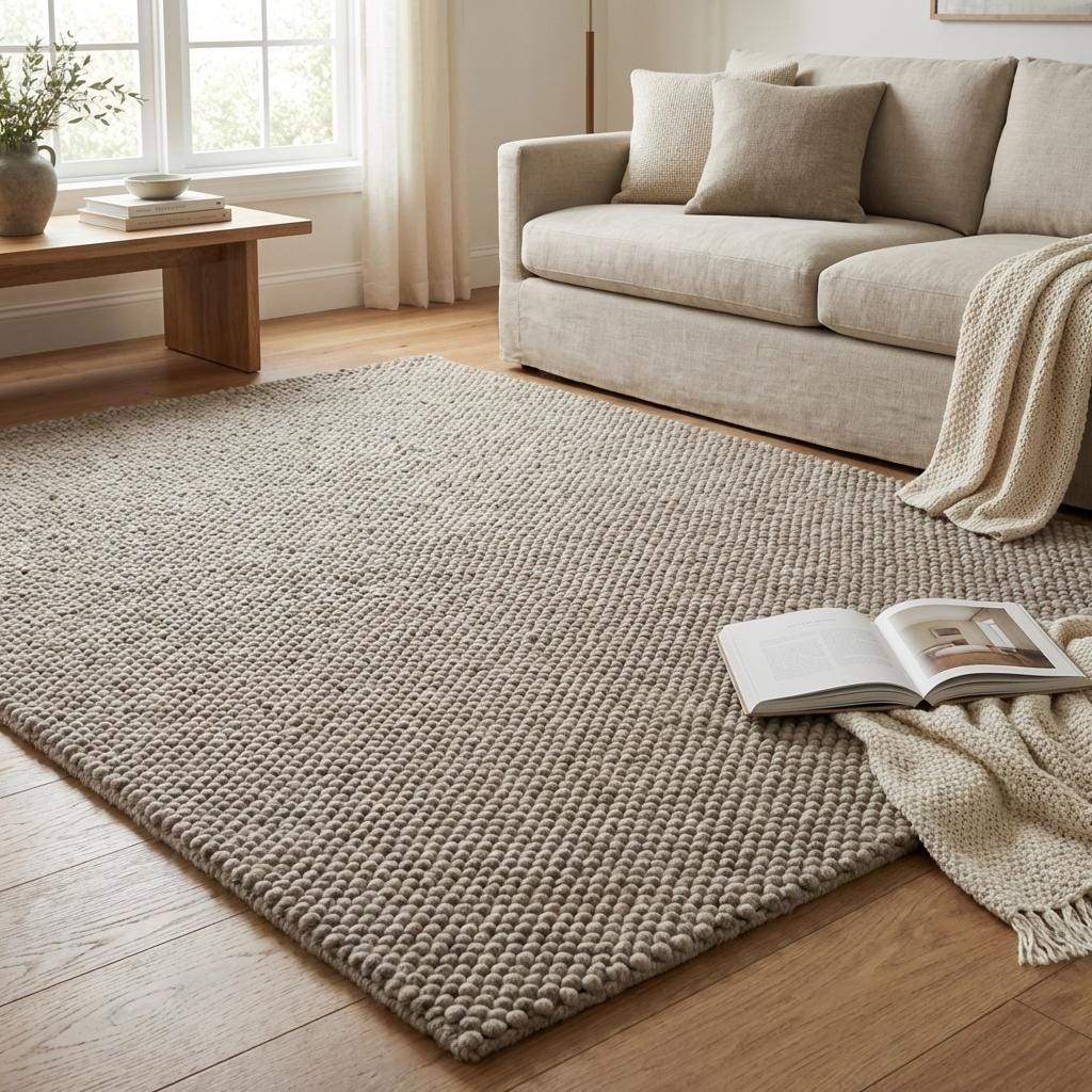 Chunky wool rug in neutral beige with thick loop weave, perfect for minimalist Scandinavian living room decor