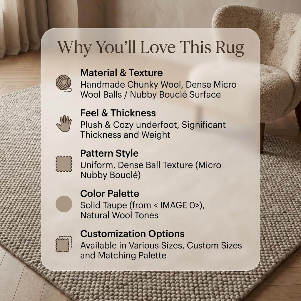 Chunky wool rug in neutral beige with thick loop weave for cozy, minimalist Scandinavian decor