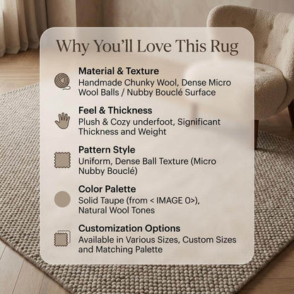 Chunky wool rug in neutral beige with thick loop weave for cozy, minimalist Scandinavian decor