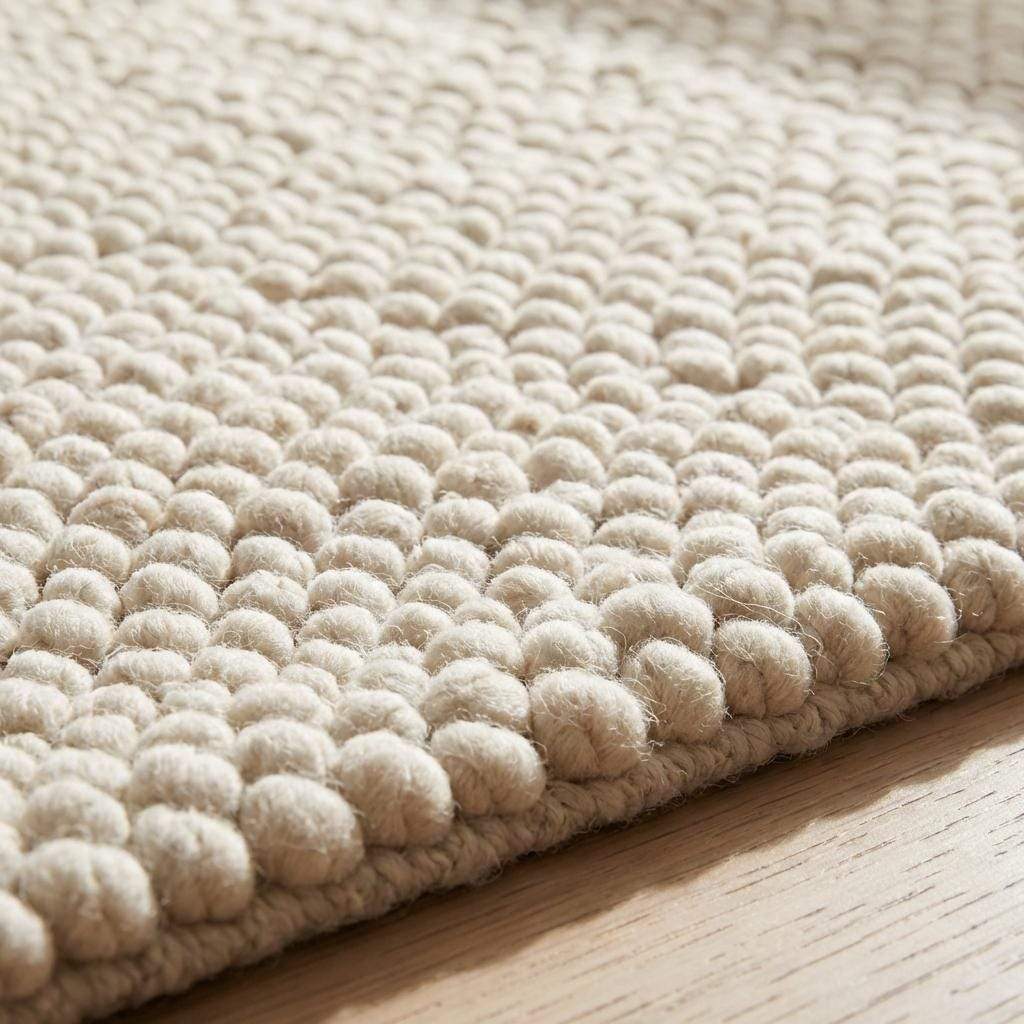 Handwoven chunky wool pebble rug in cream with textured pebble design for Scandinavian minimalist home decor
