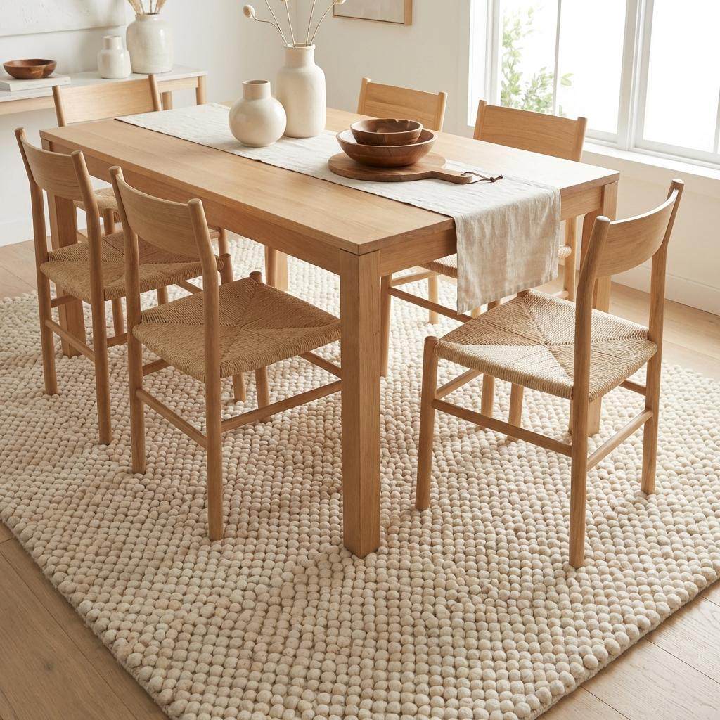 Handwoven chunky wool pebble rug in cream with textured pebble design for minimalist Scandinavian decor