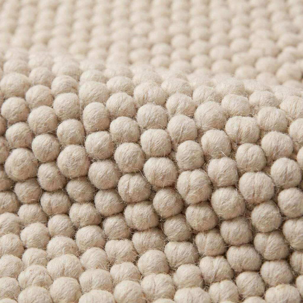 Handwoven chunky wool pebble rug in cream with textured pebble design, ideal for minimalist Scandinavian home decor