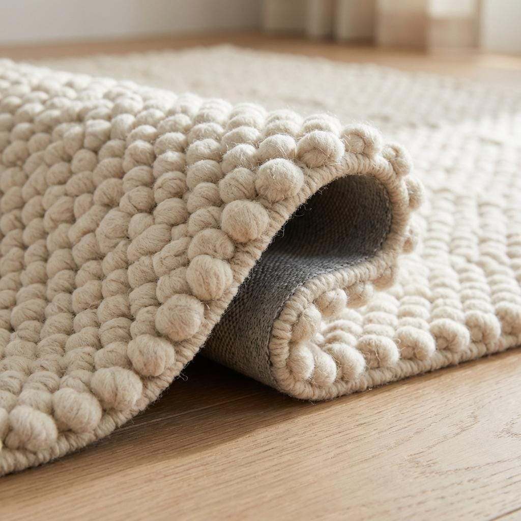 Handwoven chunky wool pebble rug in cream with textured pebble design for minimalist Scandinavian home decor