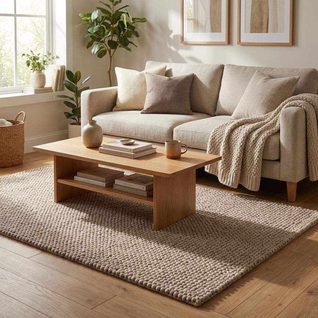 Chunky wool rug in neutral beige with thick loop weave for cozy minimalist Scandinavian decor