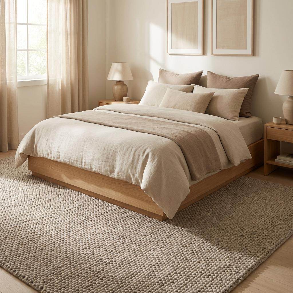 Chunky wool rug in neutral beige with thick loop weave for cozy minimalist Scandinavian decor