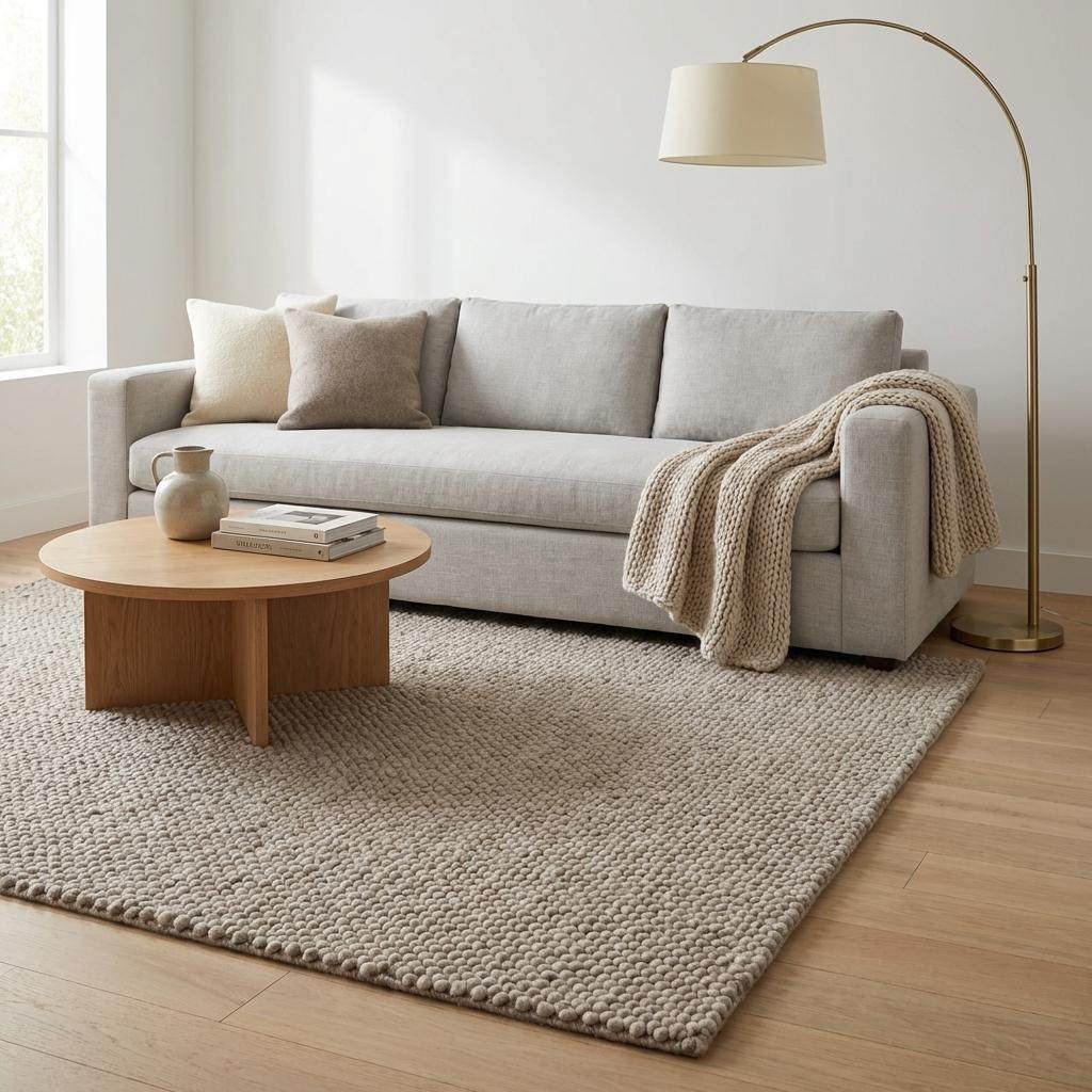 Chunky wool rug in neutral beige with thick loop weave, cozy minimalist Scandinavian living room decor
