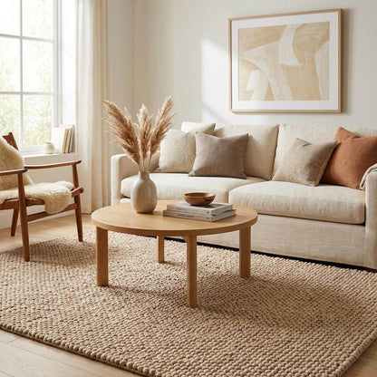 Chunky wool rug with thick loop pile in neutral beige, handwoven textured floor carpet for minimalist living room