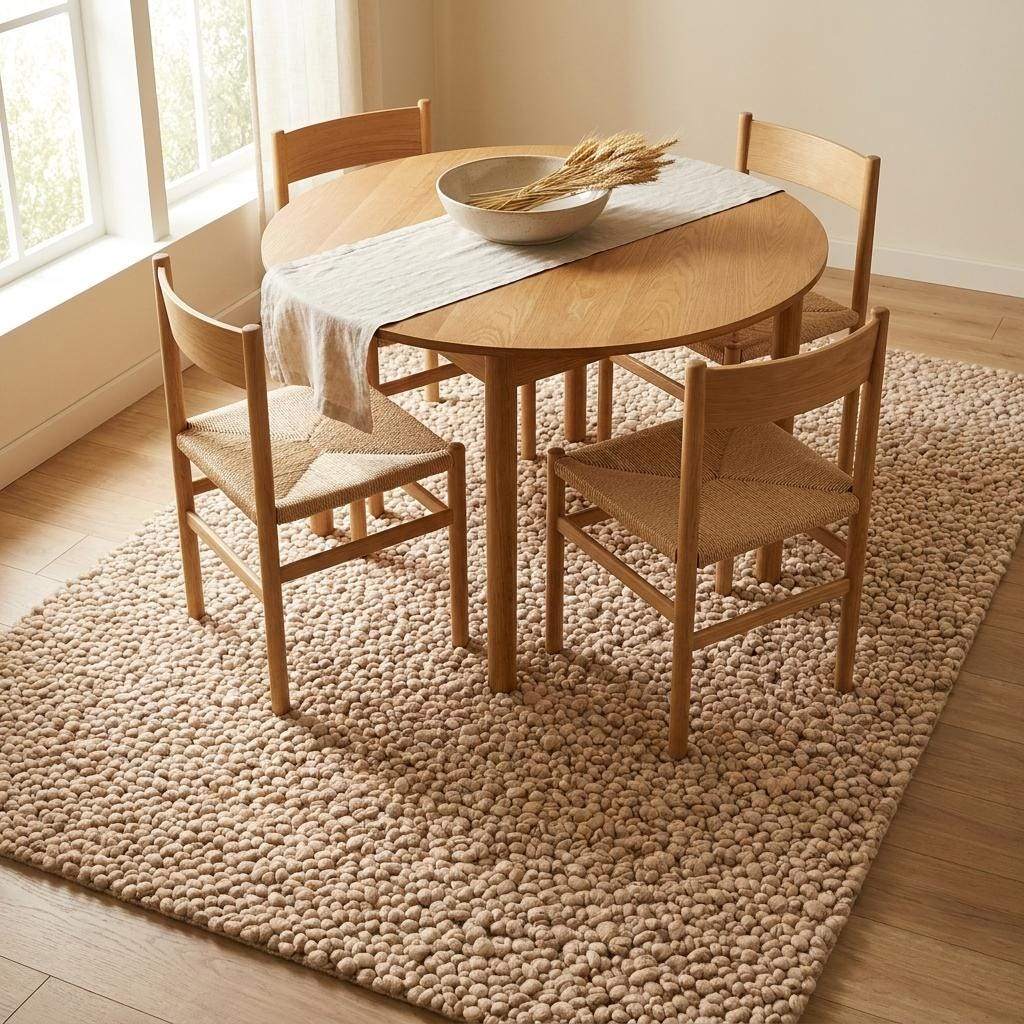 Chunky wool rug with thick loop pile in neutral beige, handwoven for a cozy minimalist living room.