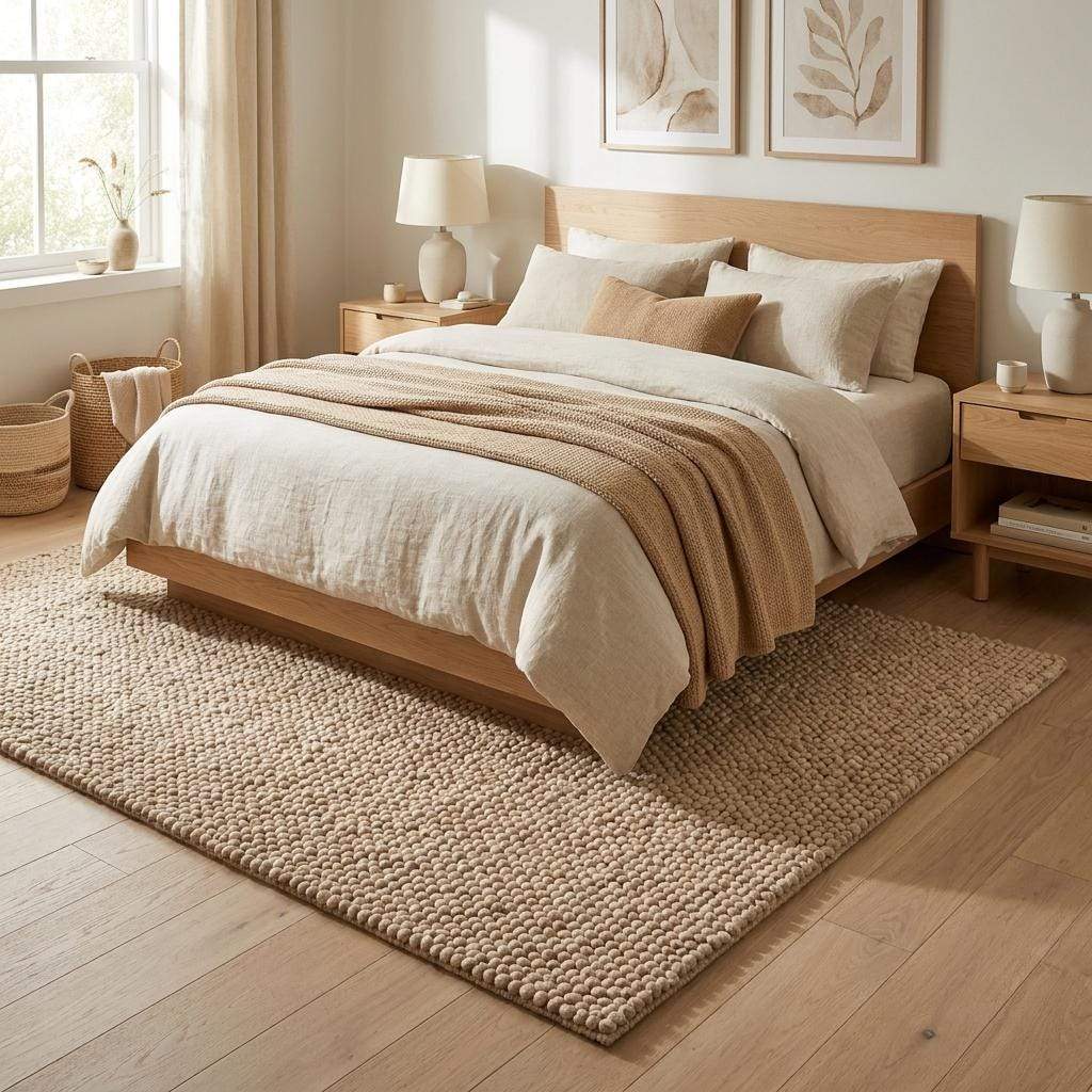 Chunky wool rug with thick loop pile in neutral beige tones for cozy minimalist living room decor