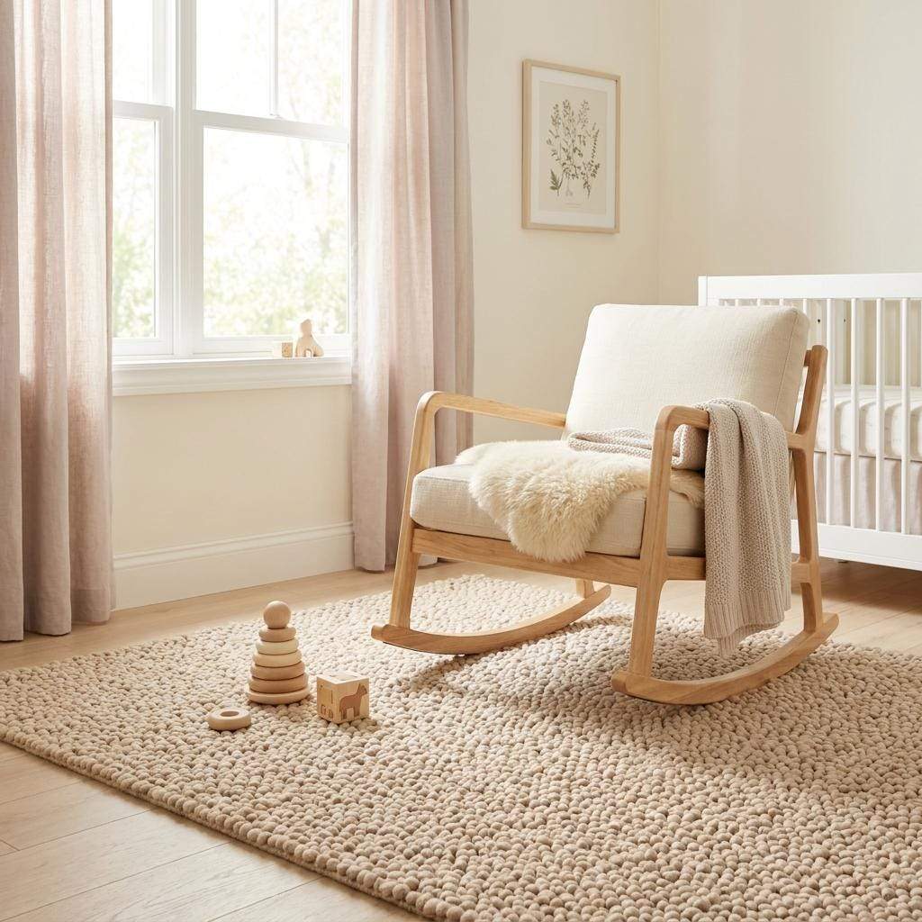 Chunky wool rug in neutral beige with thick loop pile, handwoven texture for cozy minimalist living room decor