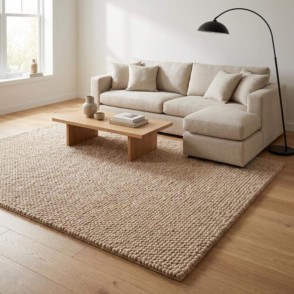 Handwoven chunky wool rug with thick loop pile in neutral beige for cozy minimalist living rooms