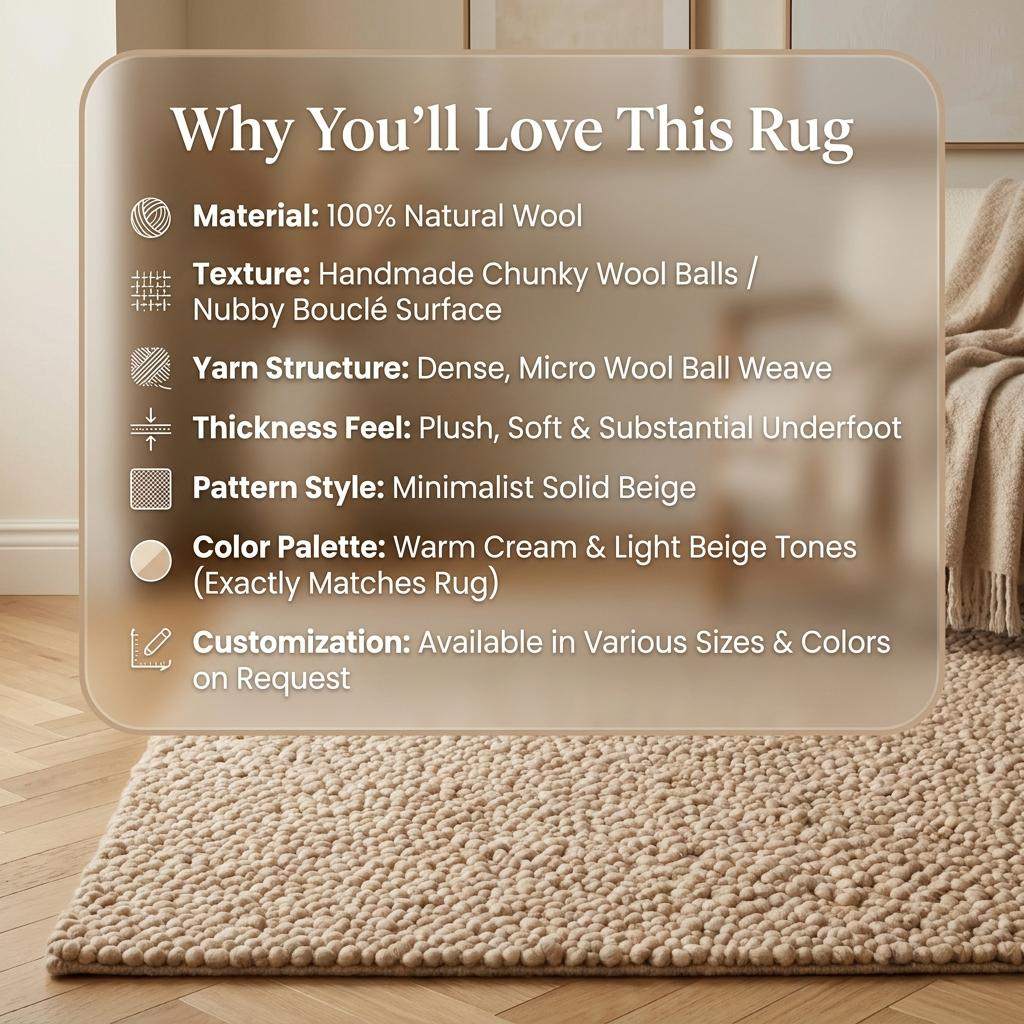 Chunky wool rug with thick loop pile in neutral beige, handwoven for cozy minimalist living room decor
